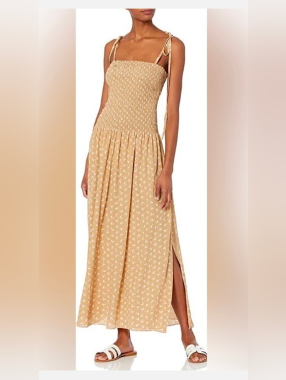 Rebecca Taylor Emmy Beige Floral Smocked Tie-Shoulder Maxi Dress, Small